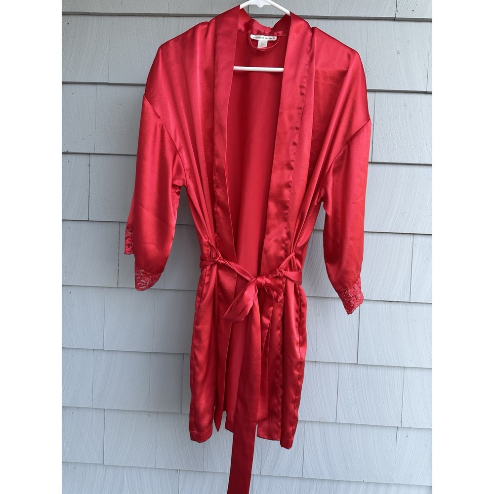 Victoria's Secret Red‎ Satin Kimono Robe with Lace Trim XS